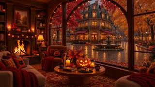 Quiet Halloween Coffeehouse Jazz | Rainy Autumn City, Fireplace Glow & Soft Piano for Calm Nights screenshot 2