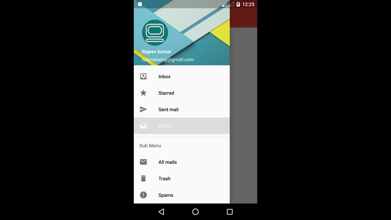 tutorialwing android navigationView tutorial output
