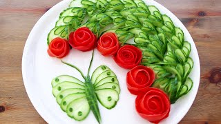 Cucumber & Tomato Show | Vegetable Carving Garnish | Tomato Rose | Cucumber Butterfly Design