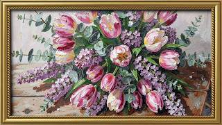 Pink Tulips and Lilacs, Vintage Impressionist Oil Painting | Gold Framed Art Screensaver for TV screenshot 2