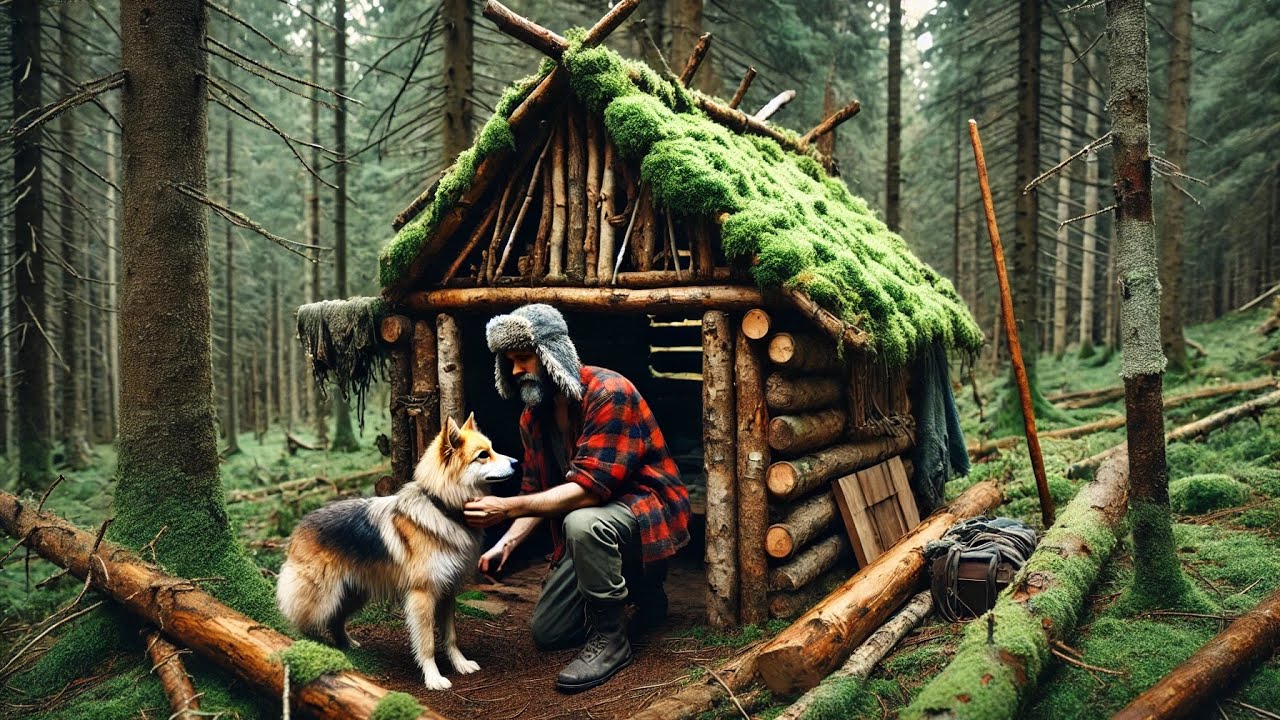 Building A Moss-Covered Wooden House In The Middle Of The Forest - Primitive Life With A Dog