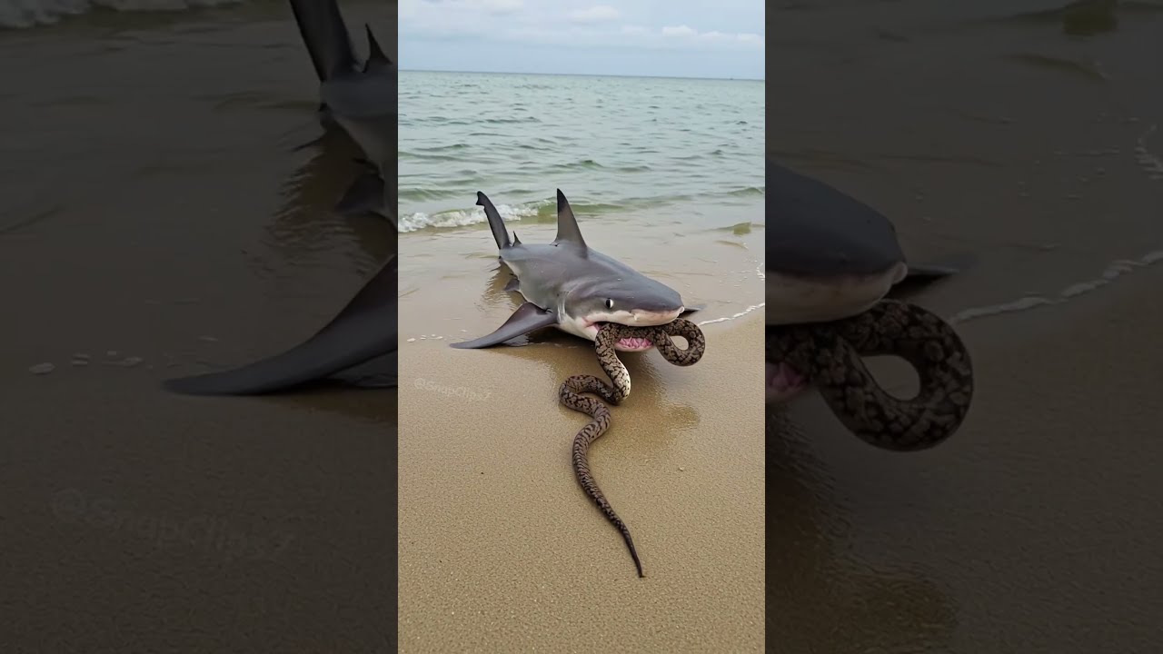 SHOCKING BEACH ATTACK Massive Shark Eats GIANT Snake On Shore 