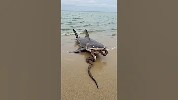 SHOCKING BEACH ATTACK Massive Shark Eats GIANT Snake On Shore 