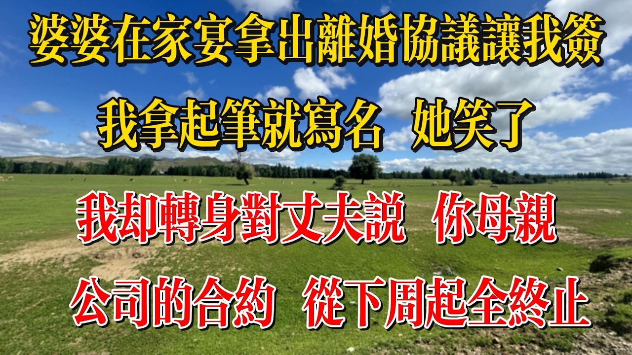 婆婆在家宴拿出離婚協議讓我簽，我拿起筆就寫名，她笑了。我卻轉身對丈夫說：「你母親公司的合約，從下週起全終止。#情感故事 #為人處世 #生活經驗 #爽文 #小說 #人生感悟
