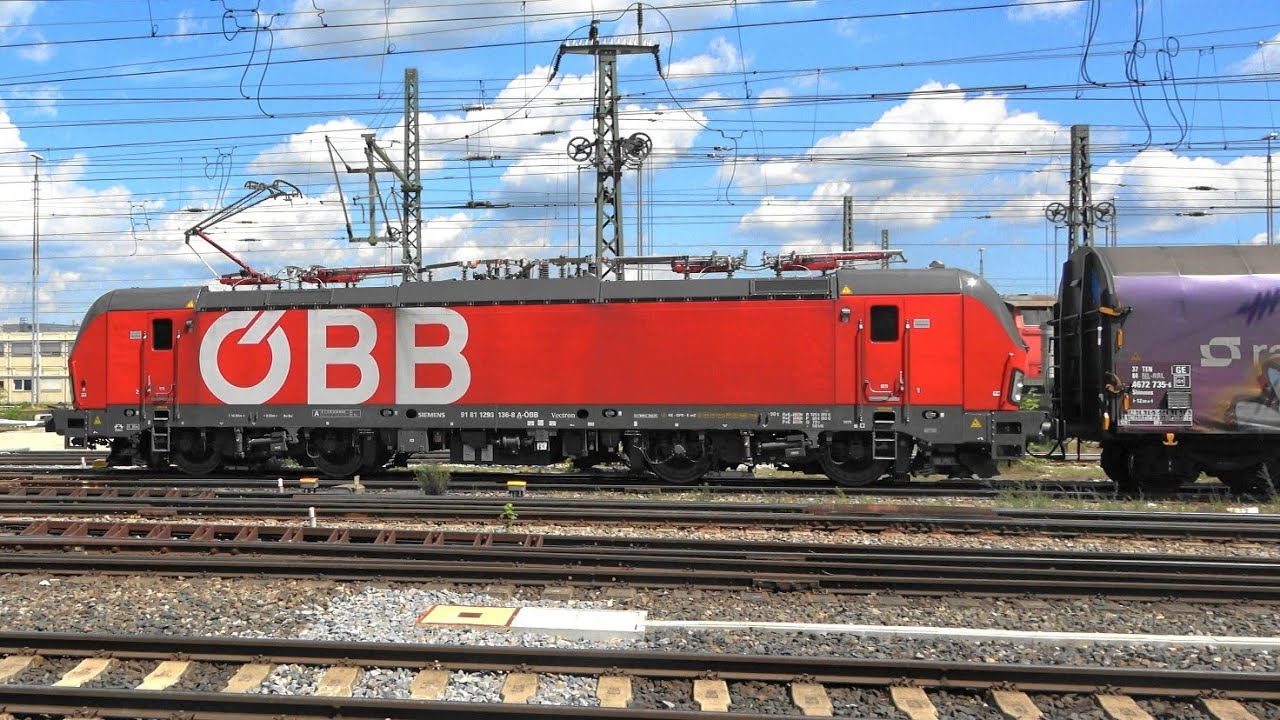 Rangierbahnhof Nürnberg mit roten Lokbespannungen an langen Güterzügen, ÖBB 1293, DB BR185, BR152...