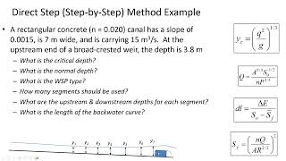 Direct Step (Step-by-Step) Method for GVF &amp; Water Surface Profiles - CE 331, Class 36 (10 Apr 2023)