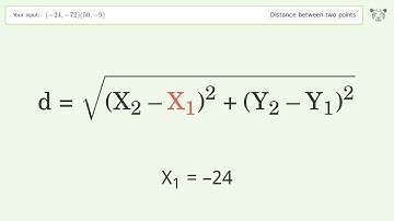 Find the distance between two points p1 (-24,-72) and p2 (50,-9): Step-by-Step Video Solution
