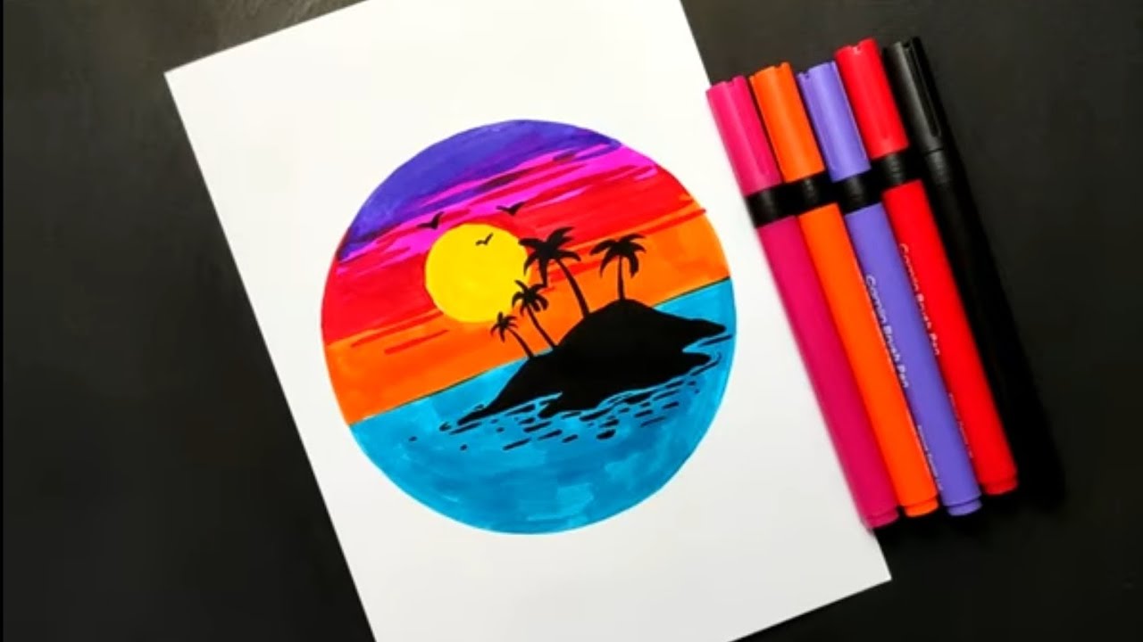 Colorful sunset drawing with brush pen ll very esay step by step ...