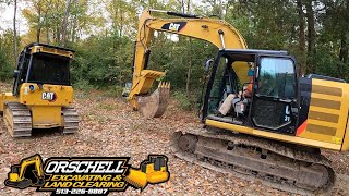 Clear land with the Cat 316 Excavator and Cat D3 Dozer. First job with Excavators new motor & thumb.
