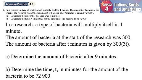 Indices, Surds and Logarithms 4.1 Q6 | latihan intensif 4.1 | The amount of bacteria