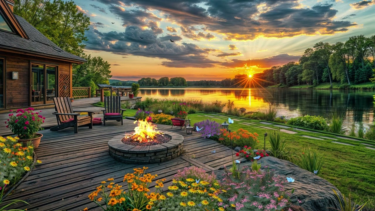 Morning Lakeside Ambience with Melodic Birdsong & Cozy Fireplace for Refreshing Retreat