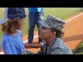 Little Boy Throwing First Pitch at Baseball Game Gets Surprised By Military Mom