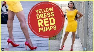 Crossdresser - yellow dress and red jacket and heels