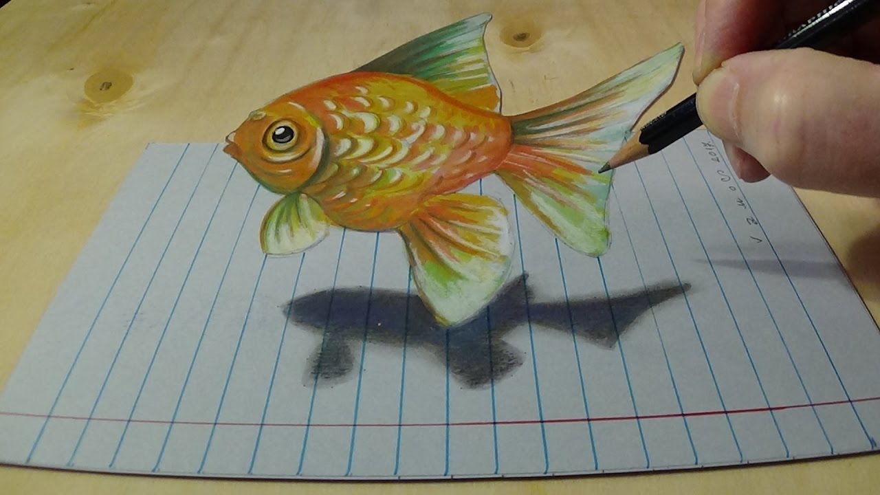 Drawing Goldfish on Lined Paper - How to Draw Goldfish for Kids - 3D