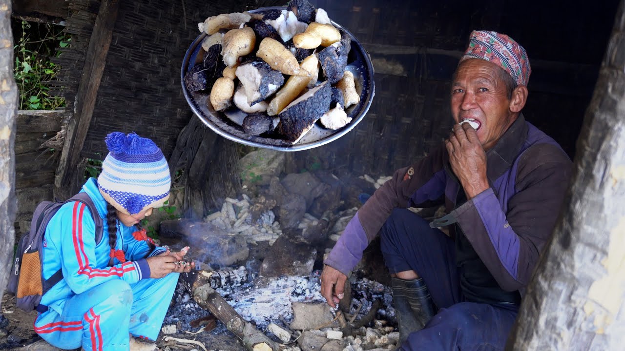jungle man eats chayote roots & yam roots with village child || family in the jungle || rural Nepal
