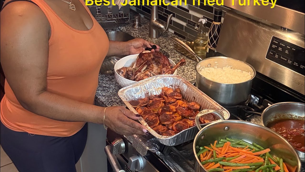 Jamaican country style fried Turkey | Carrots, String beans, barefoot rice  + American yam 🍠 