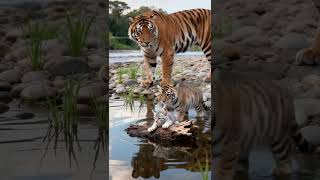 Tiger Family's Heartwarming Encounter with a Kitten by the River