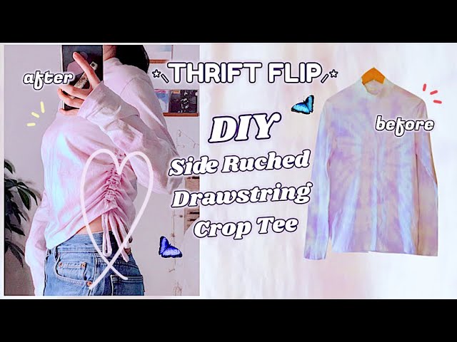 Refashion DIY Side Ruched Drawstring Crop Top・THRIFT FLIP Reuse Old T-Shirt 服リメイク COSTURAㅣmadebyaya