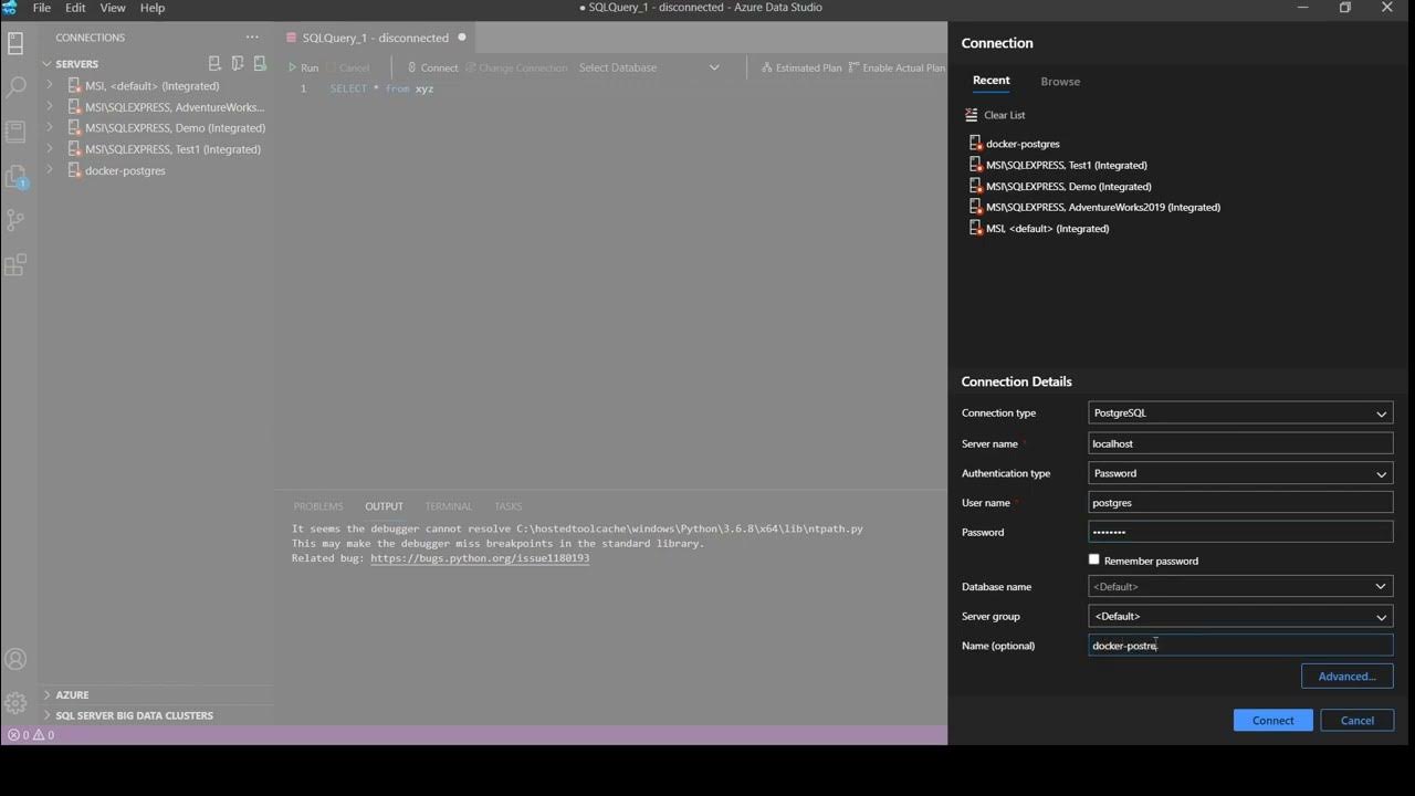 Connecting POSTGRESQL in Docker Container with Azure Data Studio - YouTube