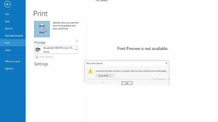 Outlook Print preview is not available.