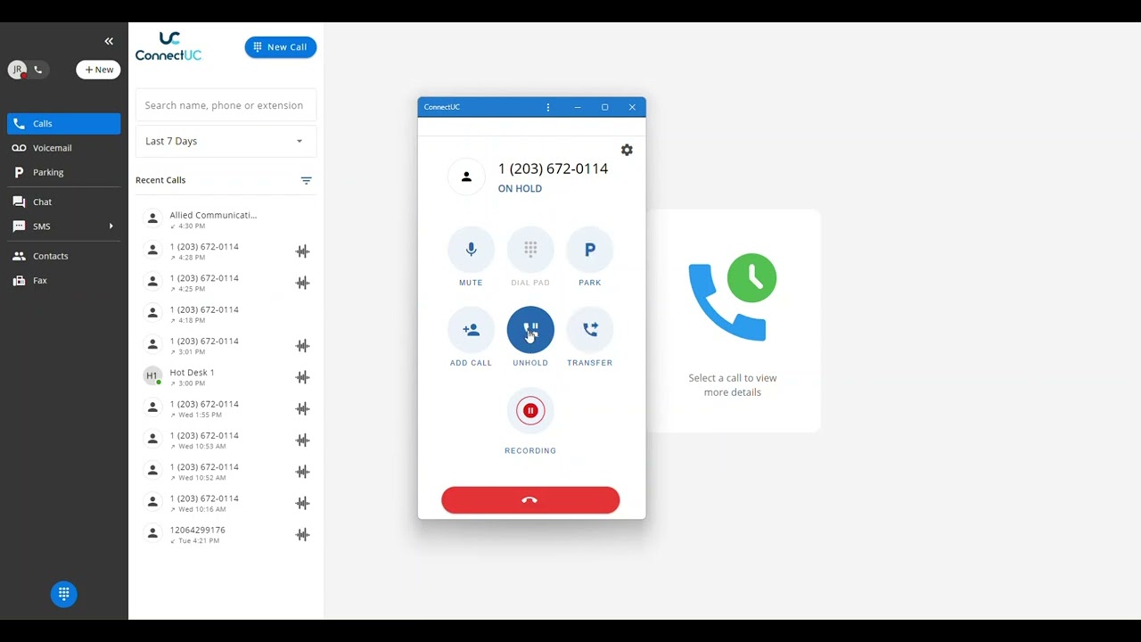 Placing call on hold with ConnectUC