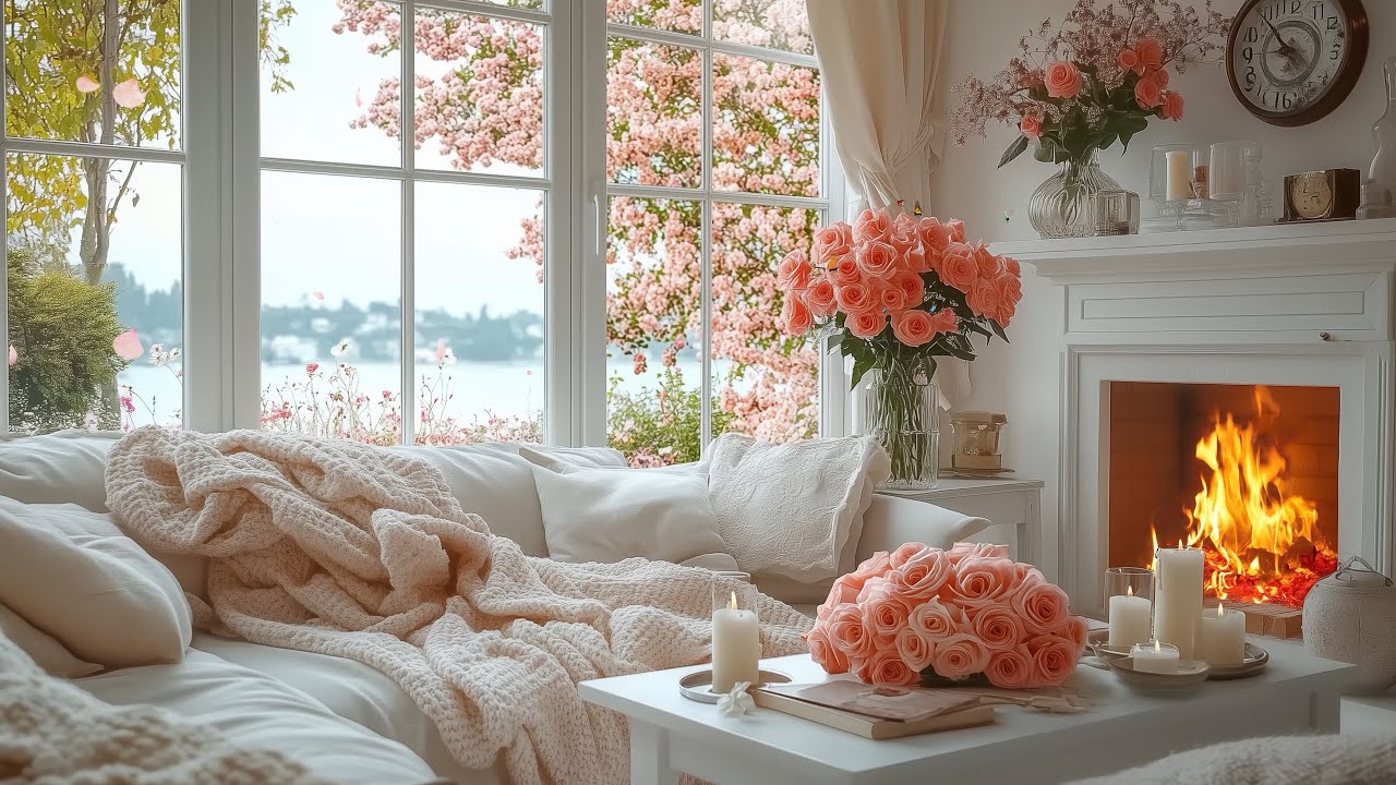 Relaxing Piano Music & Fireplace Sounds 🌸 Cozy Home Ambience for Stress Relief & Calm