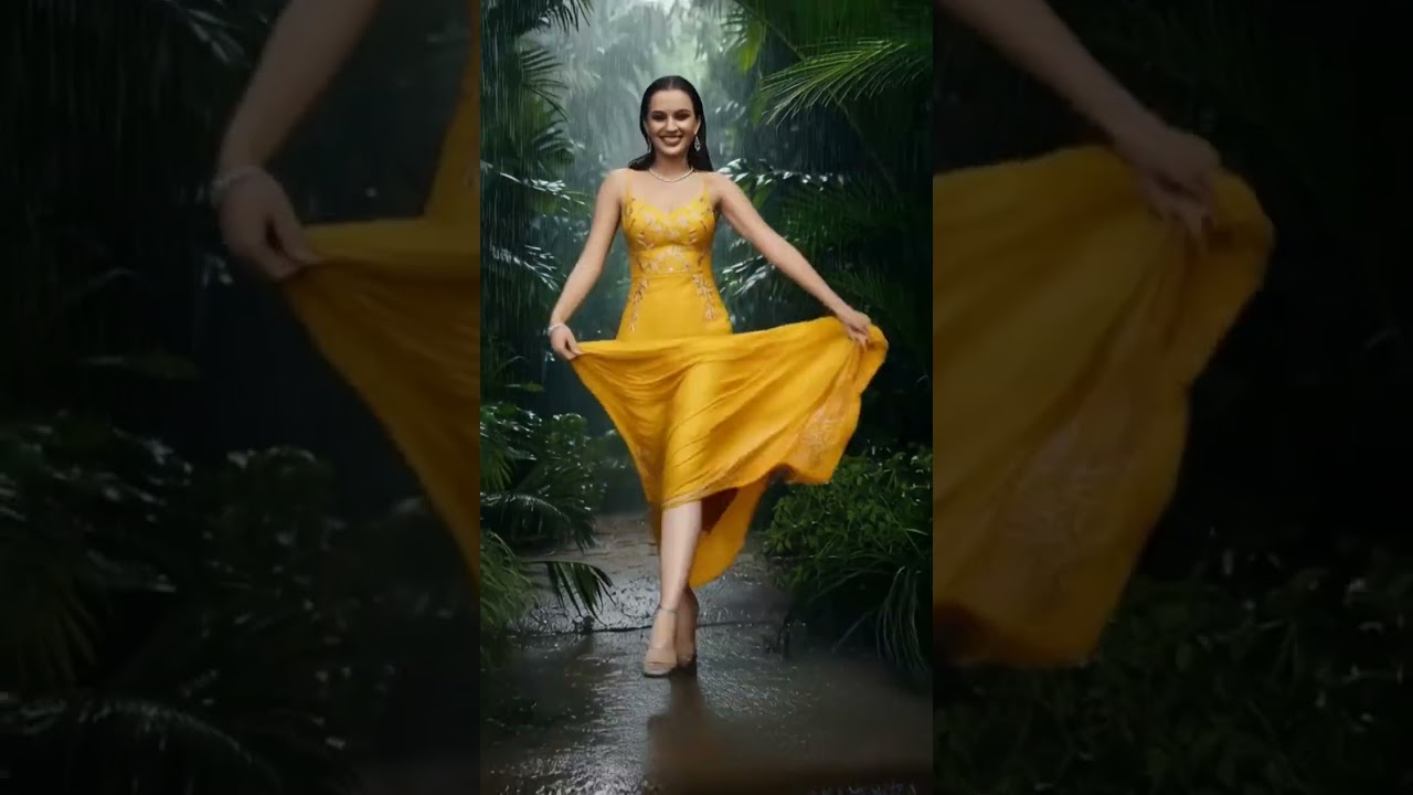 We fashion show, model in drenched yellow dress walks directly into the pond.  #aiartmodellookbook