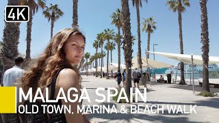 Malaga Town, Marina and Beach NOW | Costa Del Sol City Walking Tour 4k