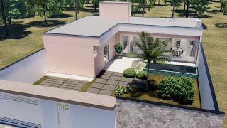 Casa em L com 2 Quartos em Terreno de 14x20m #3d #casa #projeto