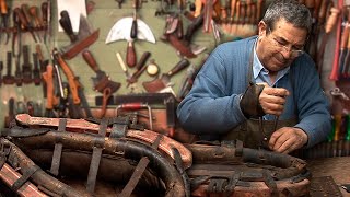 The saddler and his job (at 80 years old) of fixing collars and rigging for horses