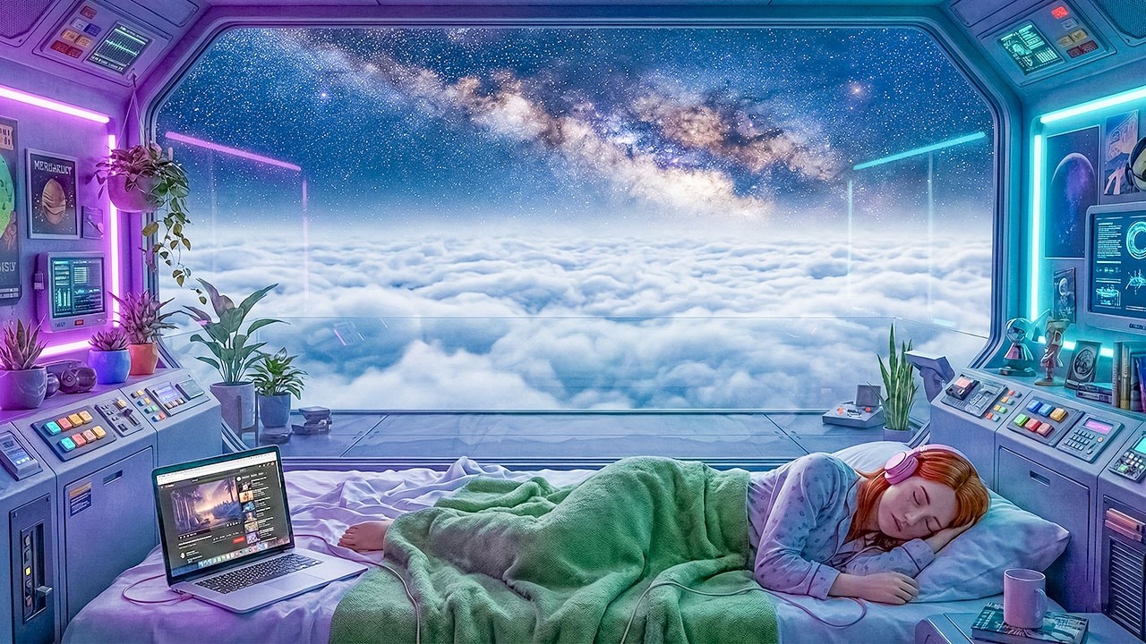 SPACESHIP BED OVER CLOUDS | COSMIC SLEEP AMBIENT + GALAXY HORIZON | 1 HOUR 4K