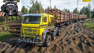 Extreme Multiple Logs Trailers Haul With Azov 64131 | SnowRunner | Logitech G29 Gameplay | #1019