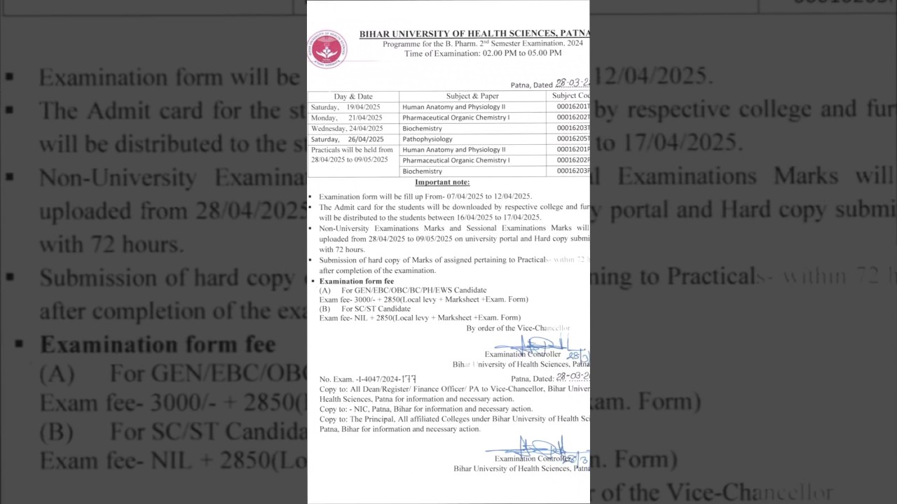 Programme for the B. Pharm. 2nd Semester Examination, 2024 | BUHS 