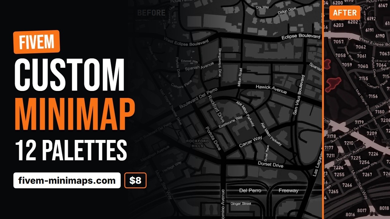 Custom FiveM-compatible minimap — 12 palettes, postal codes or clean, $8 — video thumbnail