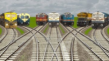 6 INDIAN TRAINS RUN AT BUMPY FORKED RAILROAD TRACKS CROSSING | Train Simulator | Railroad Crossing