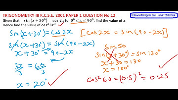 2001 KCSE MATHEMATICS PAPER 1 QUESTION 12 ON TRIGONOMETRY