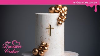 Elegant Tall Christening Cake with Gold Spheres