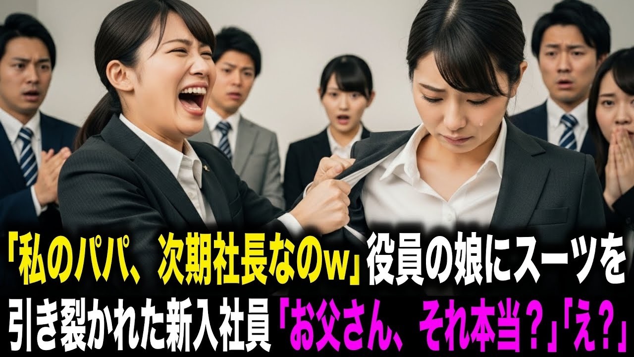 【スカッとする話】「私のパパ、次期社長なのw」入社式で役員の娘にスーツを引き裂かれた新入社員の女性。「お父さん、それ本当？」役員の娘「え？」