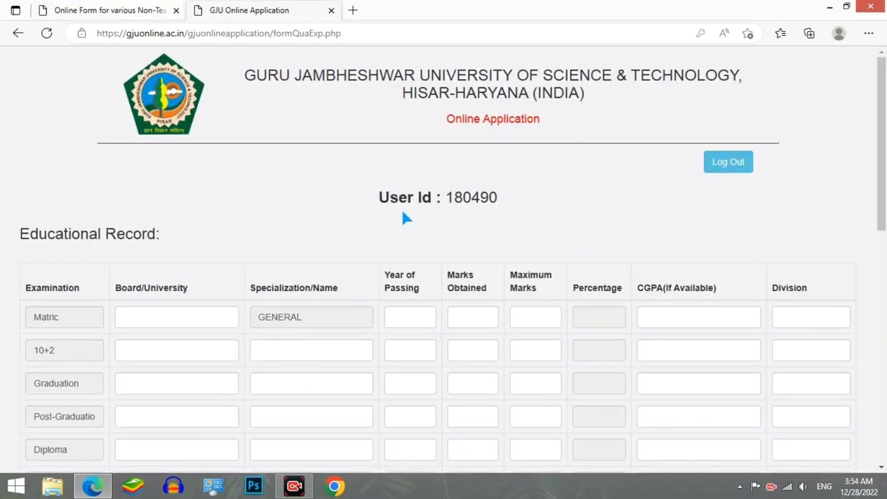 Guru Jambheshwar University of Science & Technology Hisar Form Fill/GJUST