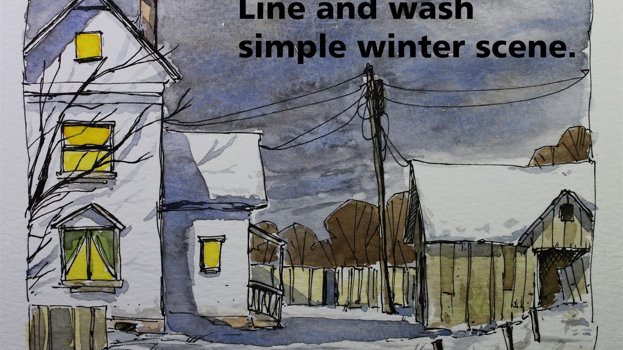 Line and wash simple winter scene Great for beginner watercolor ...