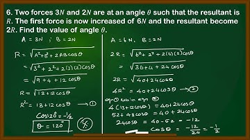 Two forces 3𝑁 and 2𝑁 are at an angle 𝜃 such that the resultant is 𝑅 The first force is now increased