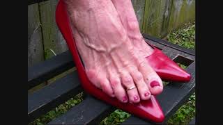 Red Pumps and Veiny Feet on the Bench