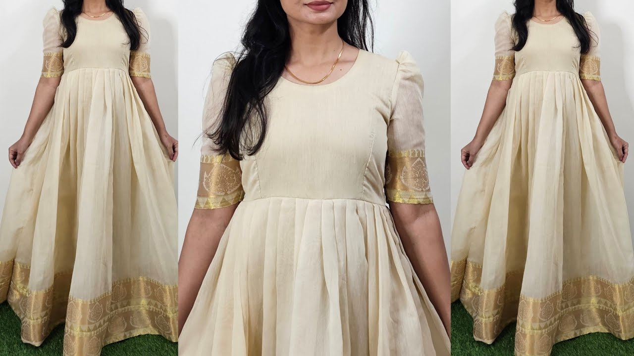 Convert Old Saree Into long Gown/ Long Frock |Anarkali Dress Cutting And  Stitching