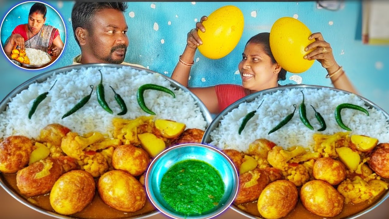 VILLAGE DESI CAULIFLOWER POTATO EGG CURRY WITH RICE | EATING SHOW | FULL PLATE MUKBANG 🍚🌶️