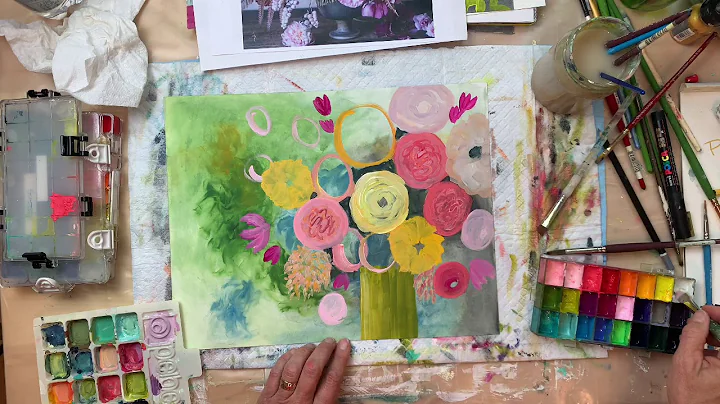 Painting a gouache floral bouquet over water mixab...