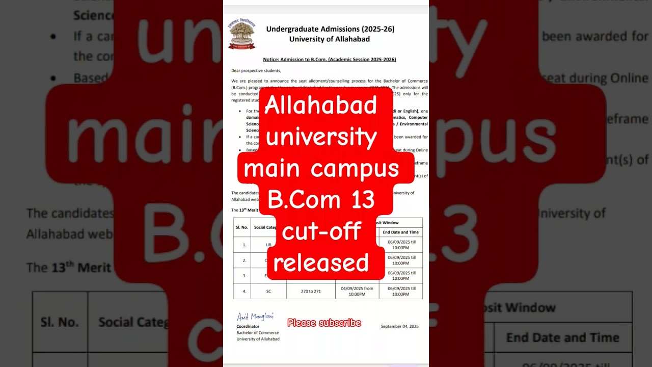 allahabad university main campus B.Com 13 cut-off released cuet UG 2025 