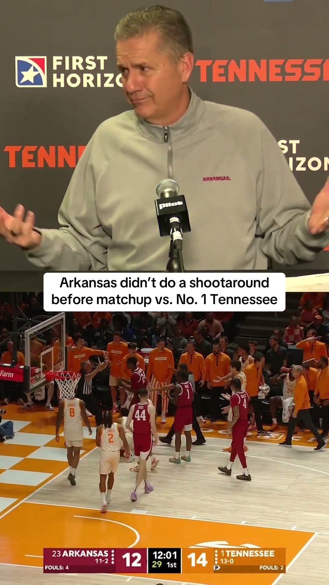 John Calipari's regret after Arkansas' loss to No. 1 Tennessee ?