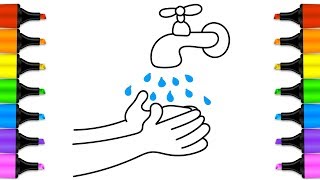 hands wash drawing washing faucet draw water coloring hand handwashing poster drawings global cold books