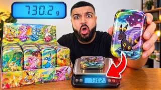 Weighing 100 Prismatic Evolutions Mini Tins To Find a GOD PACK..
