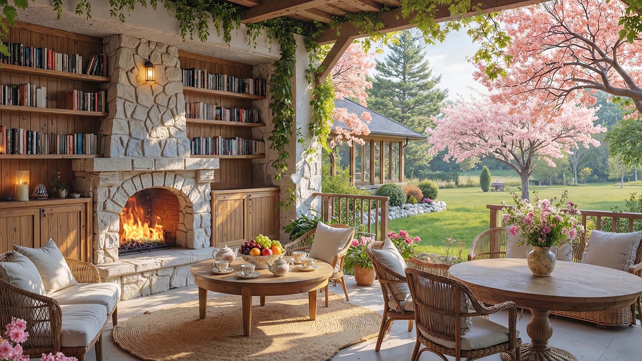 Спокойная фортепианная музыка в уютной весенней обстановке домика 🌺 | Звуки камина для релаксации